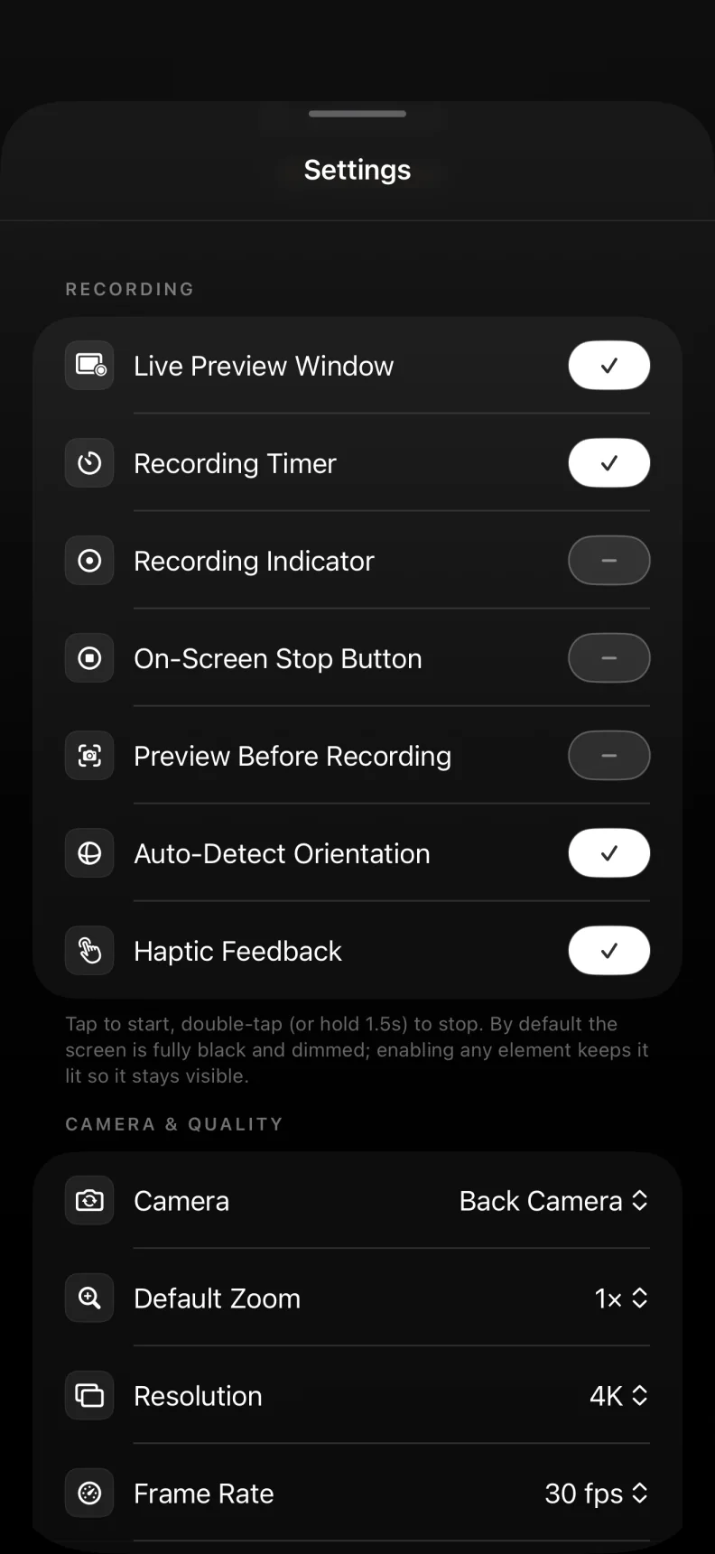 Camera and privacy settings screen in BlackOut Camera